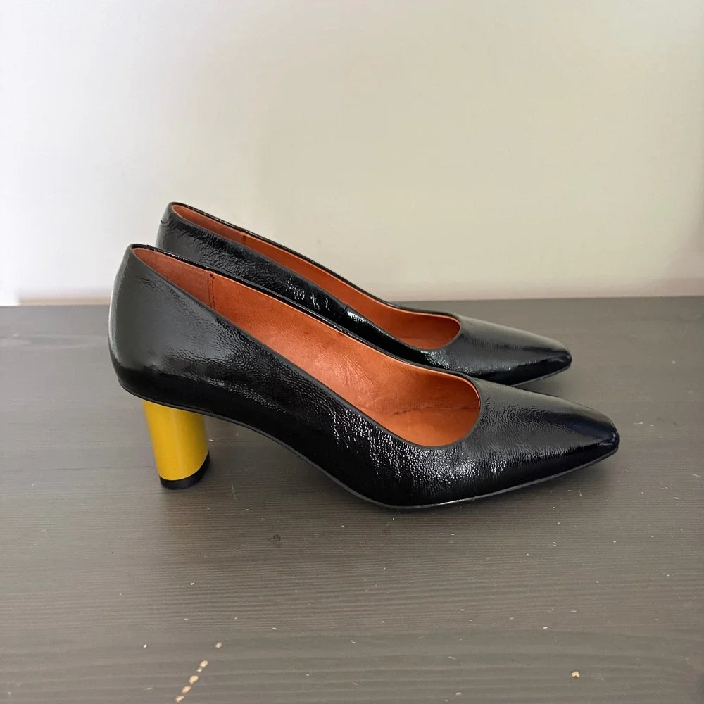 Ethem Pumps Block Heel 38 Black Patent Leather Made in Spain Mod Square Toe